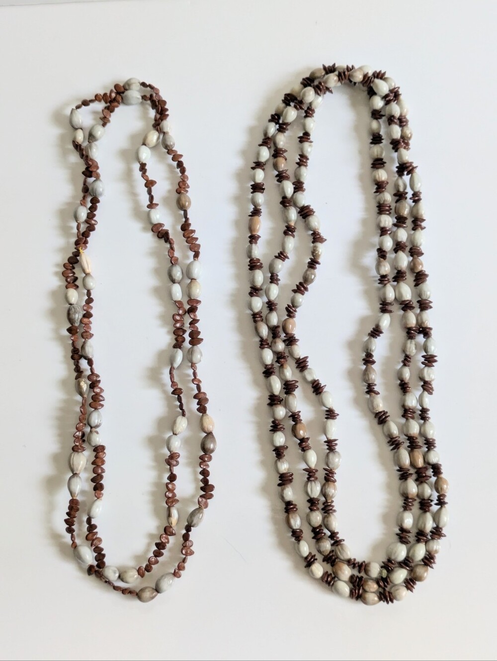 2 Vintage Beaded Necklaces Handcrafted Natural Seed Beads 46" & 70" Boho Hippie